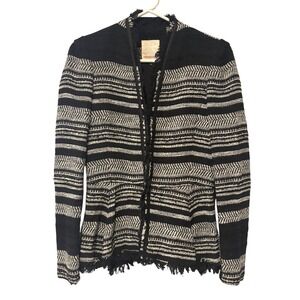 Rebecca Taylor Black White Tweed Peplum Jacket Fringe Leather Trim Size 6
